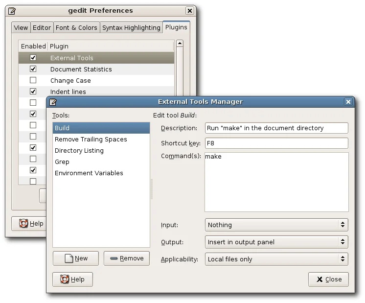 Plugins dialog showing the properties for the External Commands plugin