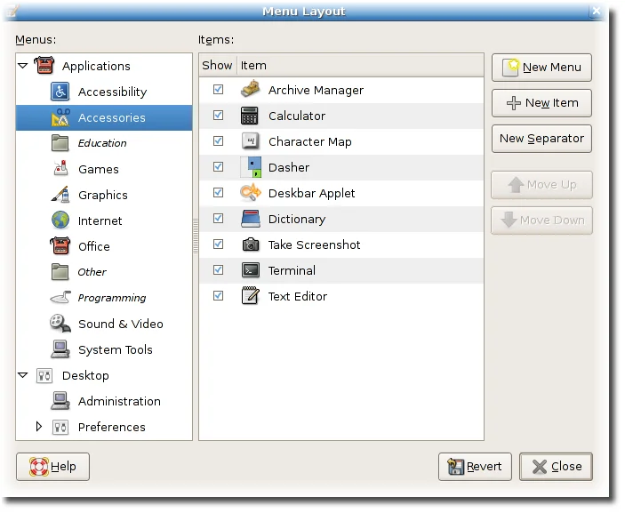 Main interface for Alacarte Menu Editor
