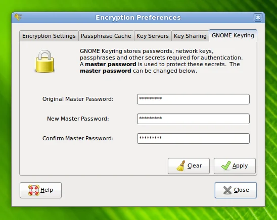 The Keyring tab in the Encryption Preferences control panel.