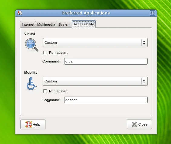 The Accessibility tab in the Preferred Applications control panel.