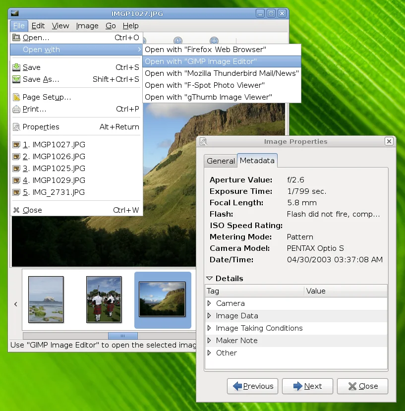 The Image Viewer, with the properties dialog and the Open With menu.