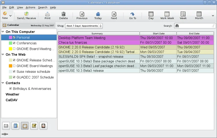 Evolution's 7 day events view.