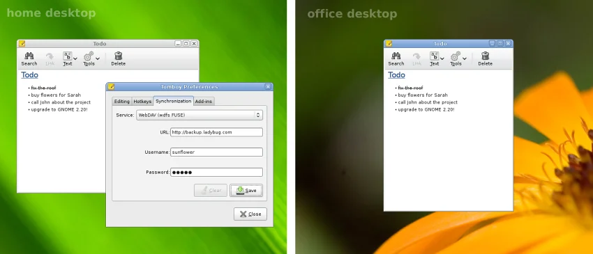 Tomboy with notes synchronized between two computers.