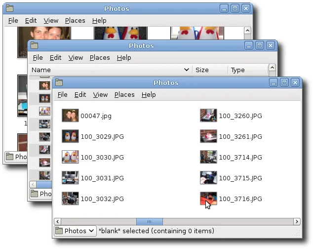 The three file views: icon, list and compact