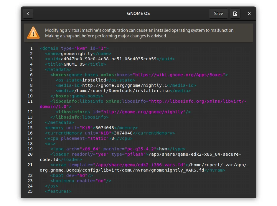 GNOME Boxes XML editor