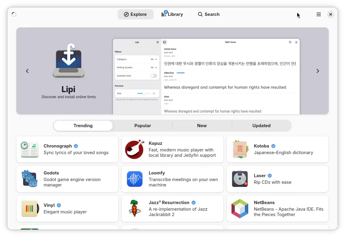 Bazaar showing a curated selection of apps from Flathub