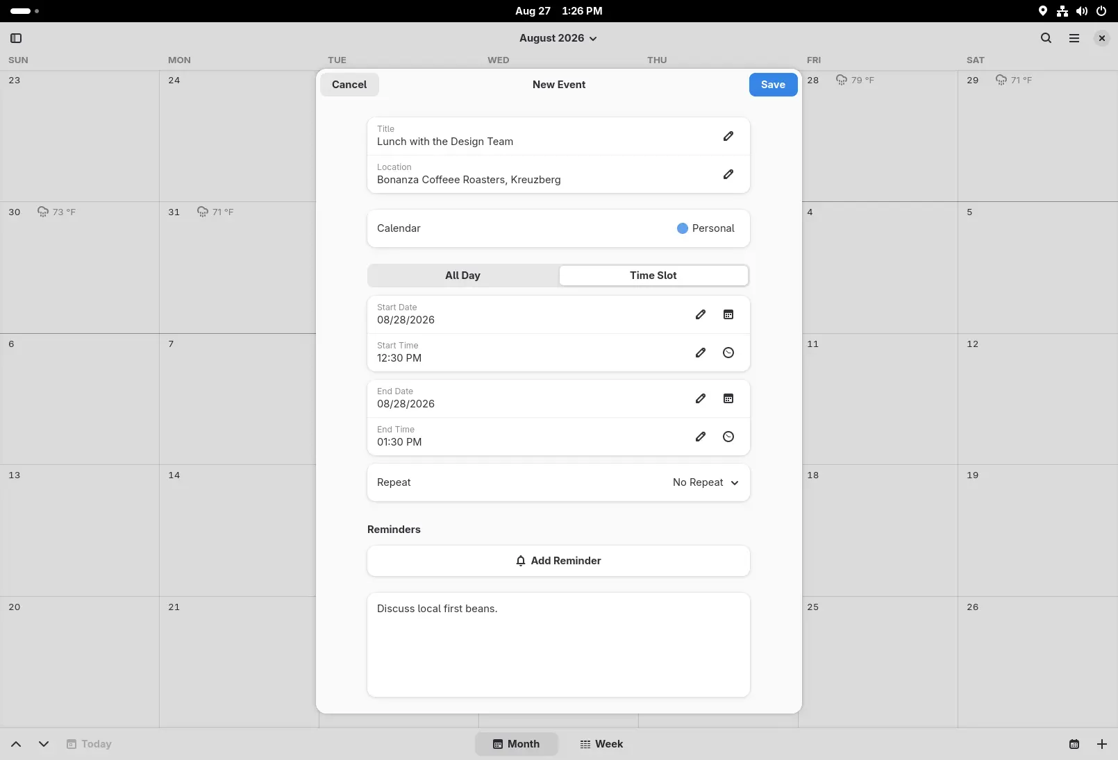 The improved event editor in Calendar