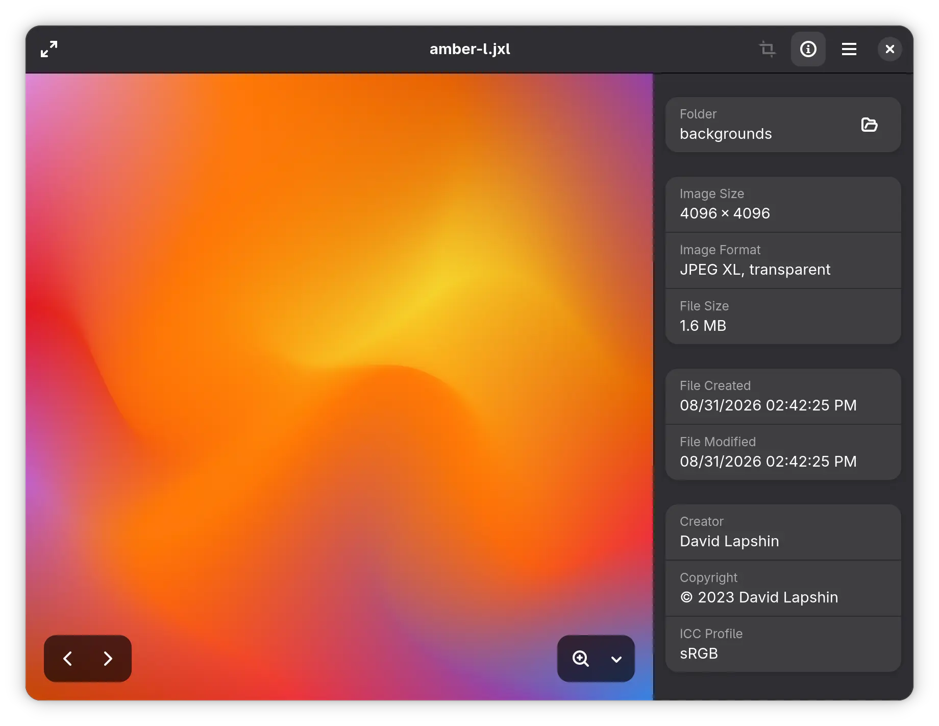 Loupe showing image properties with ICC profile information